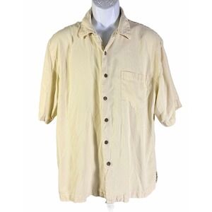 Seven Palm Silk Button Down Shirt Mens Large Yellow Short Sleeve Camp